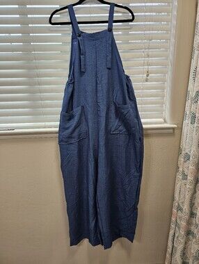 Blue Linen-Blend Wide Leg Overalls Jumpsuit